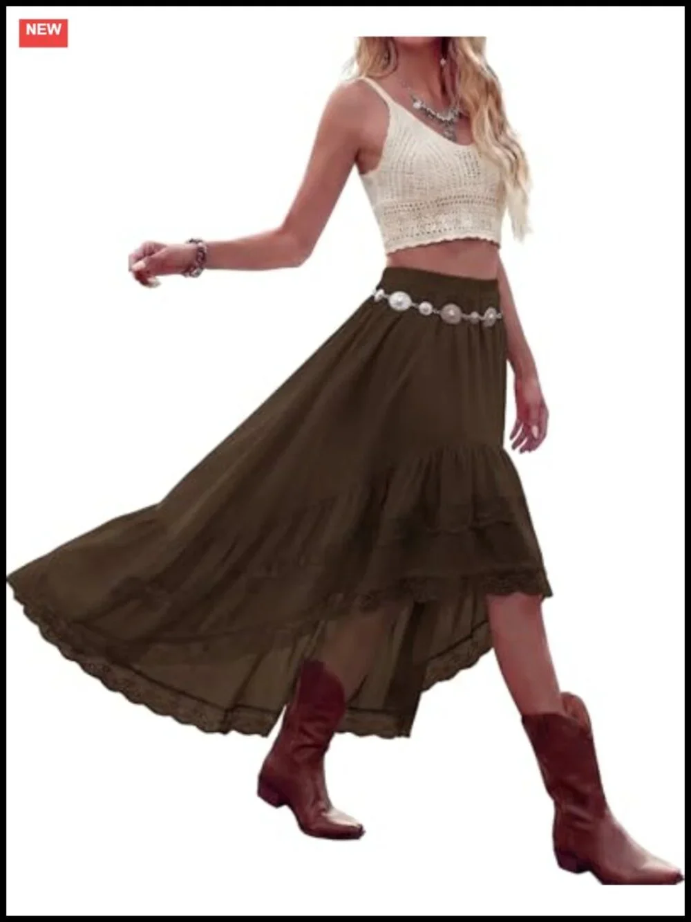 Boho High Low Lace Ruffle Skirt | Asymmetrical Tiered Maxi | Flowy Elastic Waist